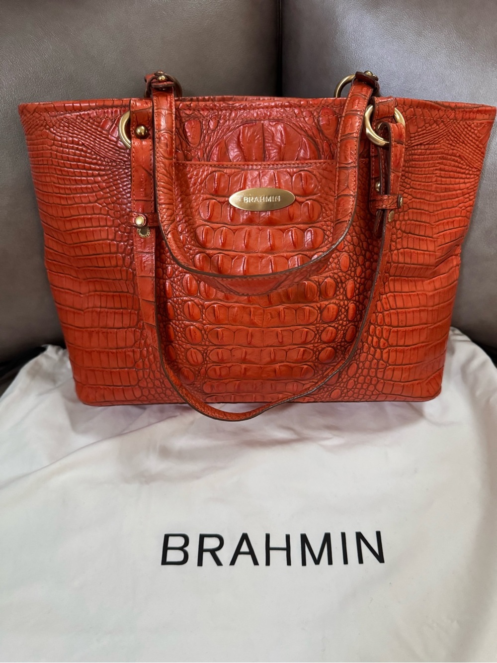 Brahmin Arno Tote. Orange Croc-Embossed Leather w/ Gold Tone Hardware & Dust Bag